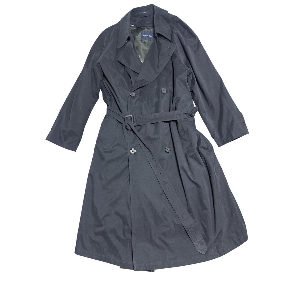 Nautica‎ Trench Coat Mens 40 Black Belted Double Breasted Removable Liner